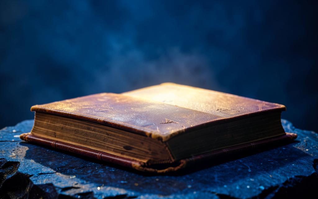 The book, open on dark blue stone