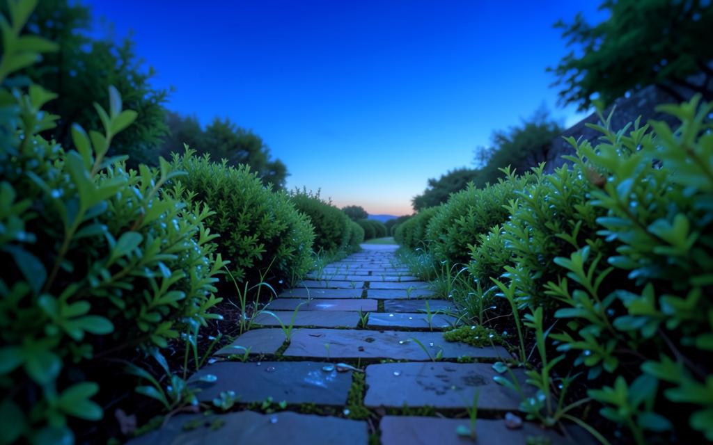 A stone path through a garden at dawn