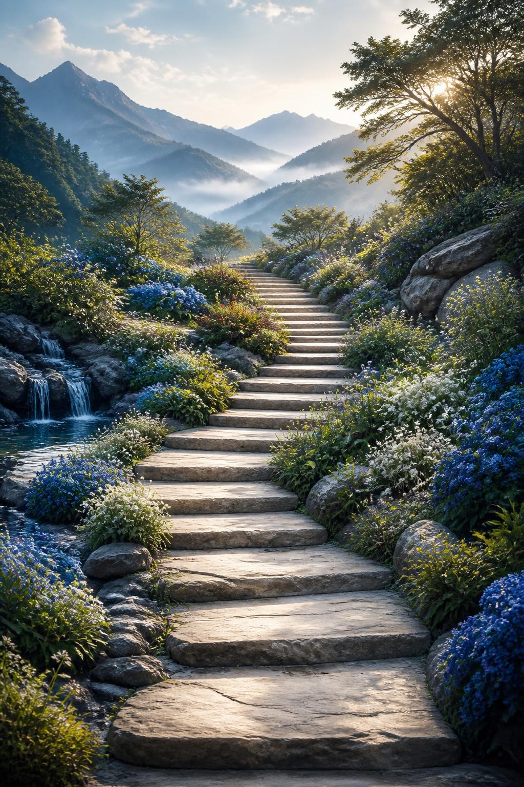 A broad stone stairway winding through a luminous mountain garden